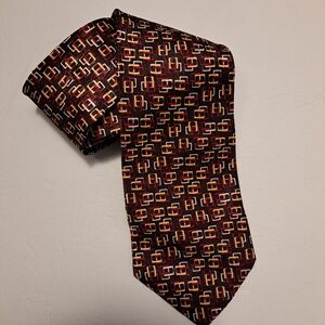 LeVieux Commandant Silk Brown Gold White Red Interlock Squares Neck Tie